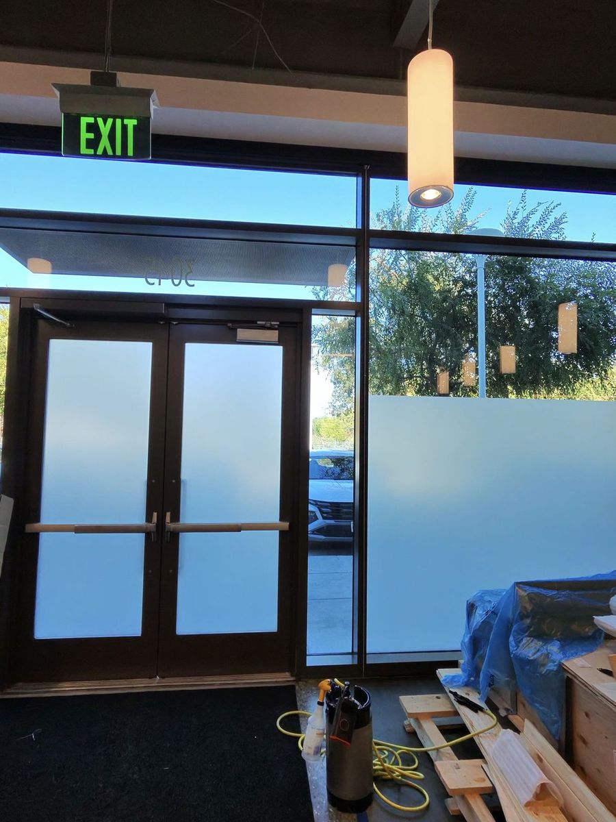 Frosted decorative film on an office entry in Palo Alto