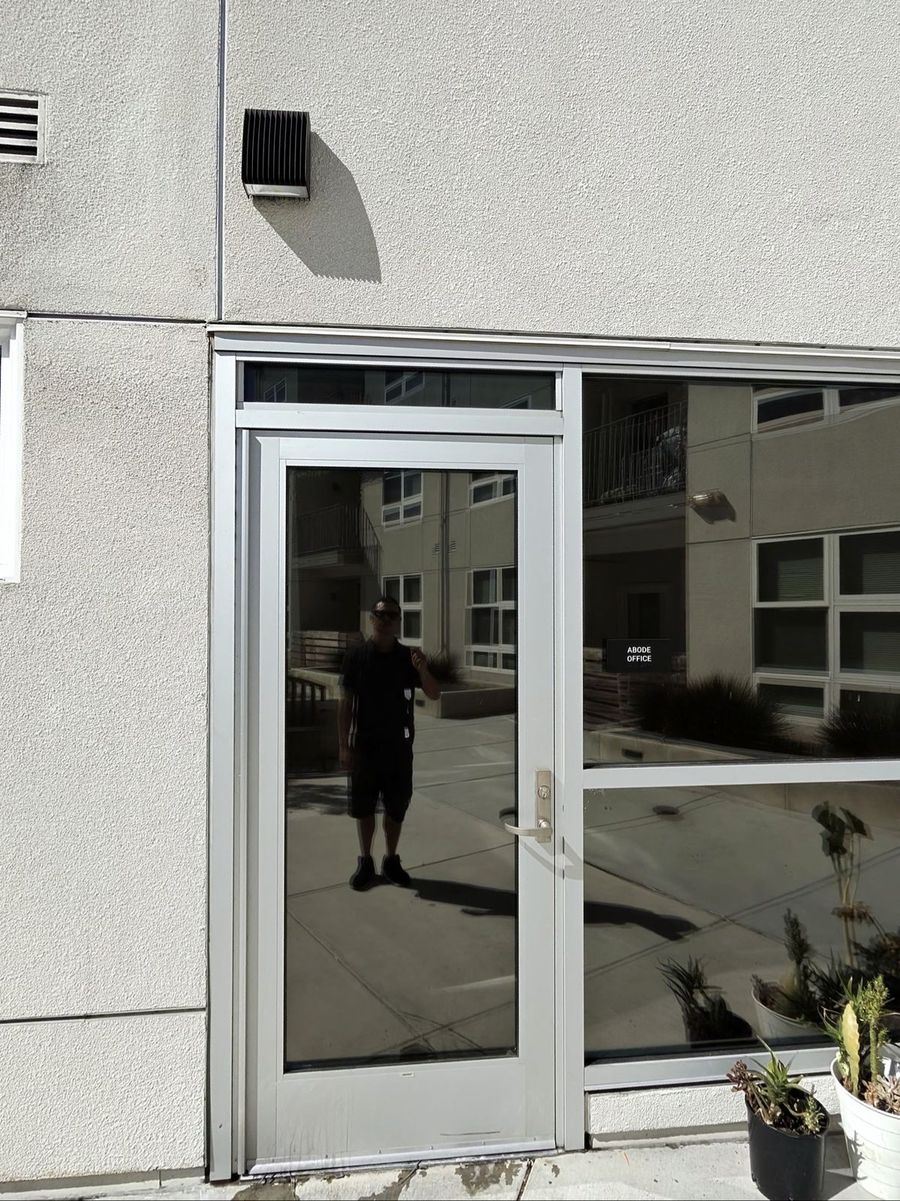 Office entrance in San Jose with reflective window film